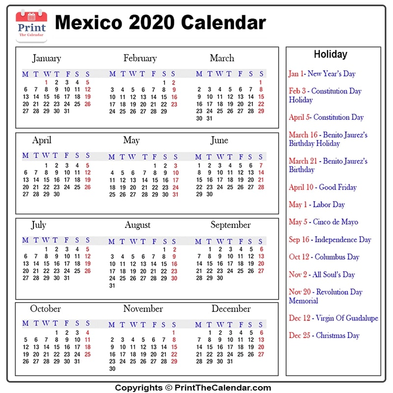Mexico Calendar 2020 with Mexico Public Holidays